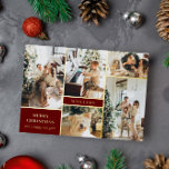 Modern Burgundy Gold Foto Collage Frohe Weihnachte Folien Feiertagskarte<br><div class="desc">Moderne,  dunkelrote und goldene Weihnachtskarte personalisiert mit einer Foto-Collage Ihrer Familie. Frohe Weihnachten in eleganten Briefen. Ihr Familienname ist von Fotos umgeben. Goldfolientext auf bordeauxrotem Hintergrund.</div>