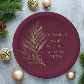 Modern Burgundy Gold Leaf Wedding Monogram Pappteller