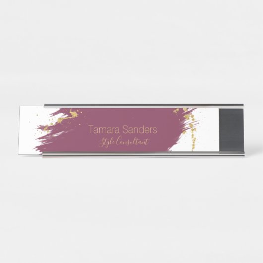 Modern Burgundy Gold Paint Strokes Schreibtisch Na Schreibtischnamensplakette (Vorderseite )