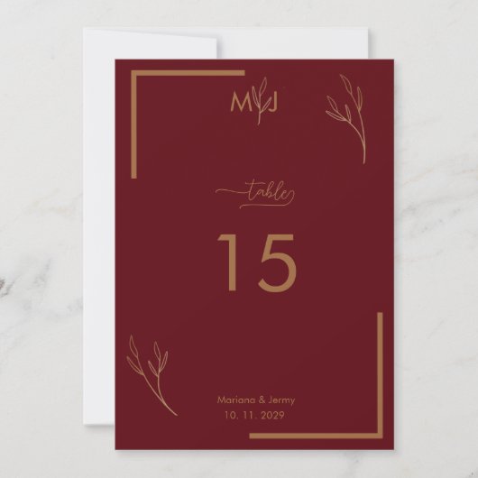 Modern Burgundy Golden Border Wedding Table Number Einladung (Vorderseite)