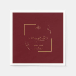 Modern Burgundy Golden Leaflet Border Monogram Serviette
