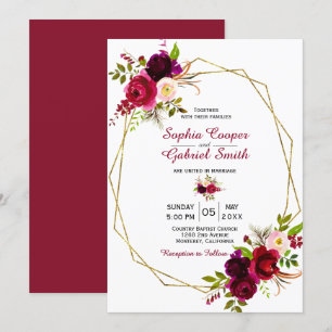 Modern Burgundy Marsala Floral Gold Rahmen Wedding Einladung