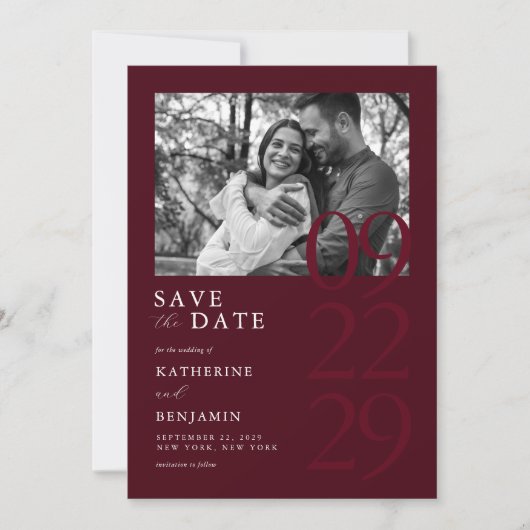Modern Burgundy Minimalist Photo Wedding Save The Date (Vorderseite)