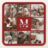 Modern Burgundy Monogram, erstes Foto für Familien Rechteckiger Pappuntersetzer (Vorderseite)
