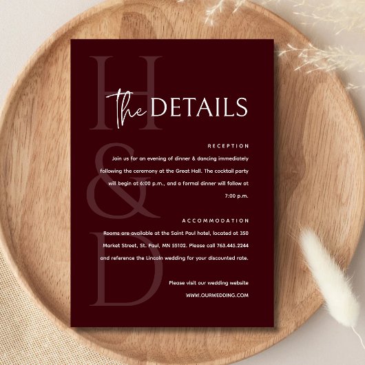 Modern Burgundy Monogram Minimalist Wedding Begleitkarte