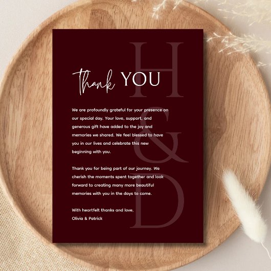 Modern Burgundy Monogram Minimalist Wedding Dankeskarte