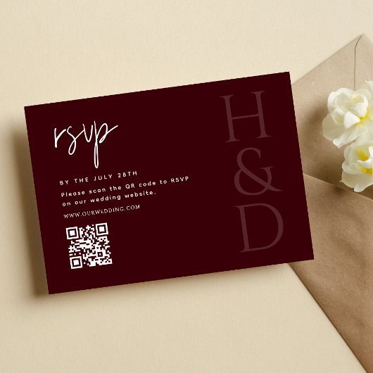 Modern Burgundy Monogram Minimalist Wedding RSVP Karte
