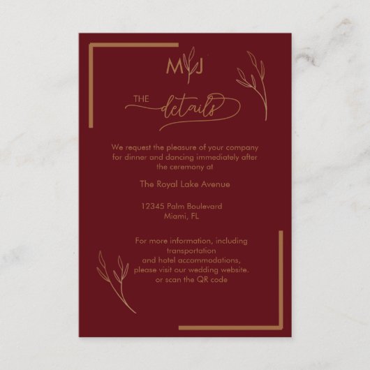 Modern Burgundy Monogram Wedding Details Begleitkarte (Vorderseite)