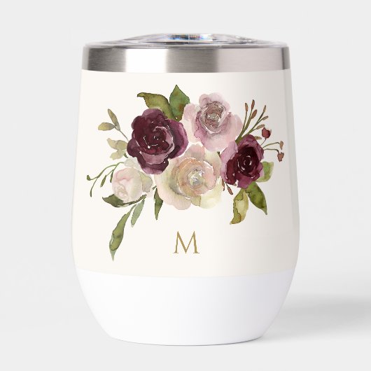 Modern Burgundy Pink Floral Watercolor Monogram (Vorderseite)