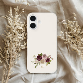 Modern Burgundy Pink Floral Watercolor Monogram iPhone 16 Hülle