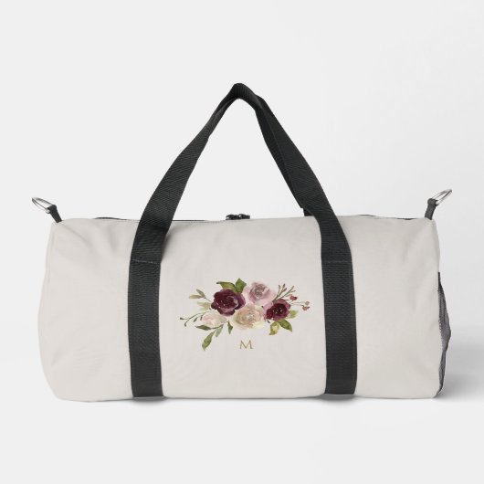 Modern Burgundy Pink Floral Watercolor Monogram Duffle Bag (Vorderseite)
