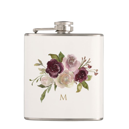 Modern Burgundy Pink Floral Watercolor Monogram Flachmann (Vorderseite)