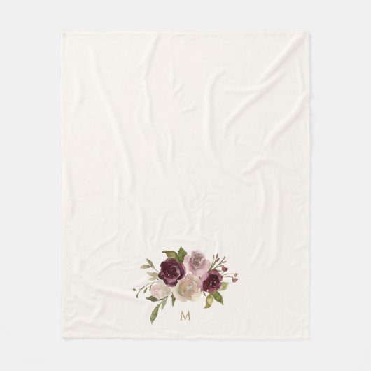 Modern Burgundy Pink Floral Watercolor Monogram Fleecedecke (Vorderseite)