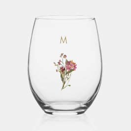 Modern Burgundy Pink Floral Watercolor Monogram Weinglas Ohne Stiel