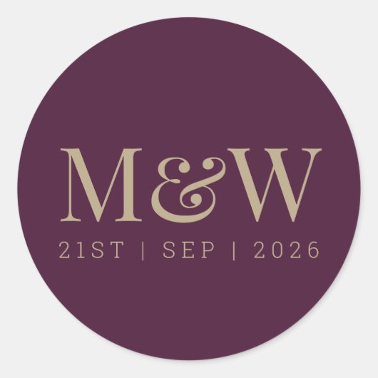Modern Burgundy Plum Wine Briom Groom Monogram Runder Aufkleber (Vorderseite)