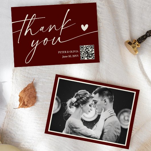 Modern Burgundy QR Code Wedding Thank You Card Einladung
