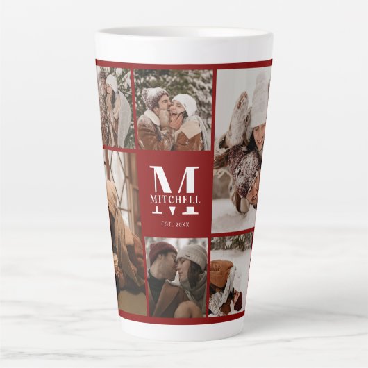 Modern Burgundy Red Family Foto Collage Keepake Milchtasse (Vorderseite)