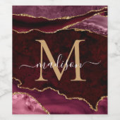 Modern Burgundy Red Gold Agate Geode Chic Monogram Weinetikett (Einzelnes Label)