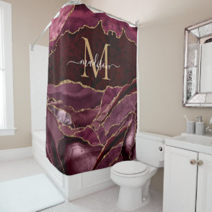Modern Burgundy Red Gold Agate Geode Monogram Glam Duschvorhang