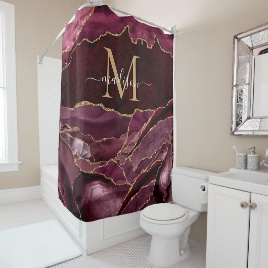 Modern Burgundy Red Gold Agate Geode Monogram Glam Duschvorhang (Beispiel)