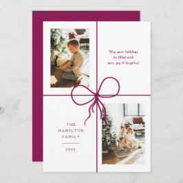 Modern Burgundy Ribbon Bow Wrap 2 Photo Christmas Feiertagskarte