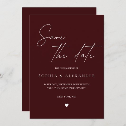 Modern Burgundy Save the Date Einladung (Vorne/Hinten)