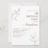 Modern Burgundy Script Botanical 50. Geburtstag Einladung (Vorderseite)