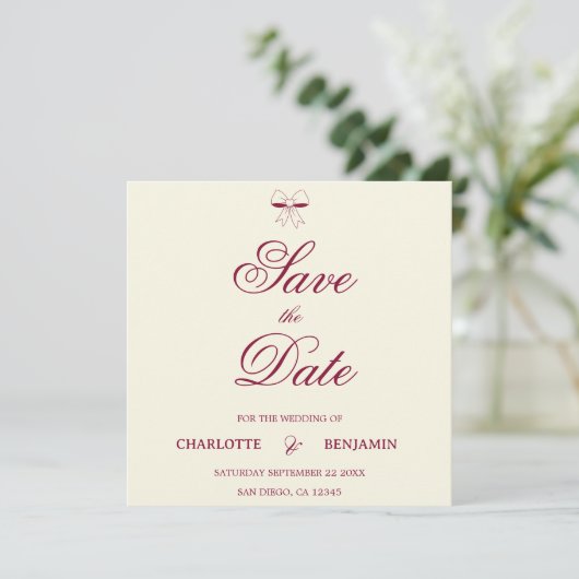 Modern Burgundy Script Ivory Bow Chic Wedding Card (Stehend Vorderseite)