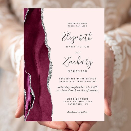 Modern Burgundy Silver Agate Blush Pink Wedding Einladung