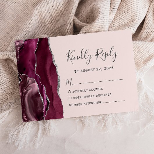 Modern Burgundy Silver Agate Blush Pink Wedding RSVP Karte
