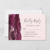 Modern Burgundy Silver Agate Blush Pink Wedding RSVP Karte (Vorderseite)