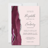Modern Burgundy Silver Agate Blush QR Code Wedding Einladung (Vorderseite)