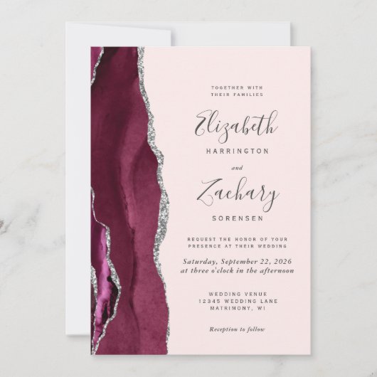 Modern Burgundy Silver Agate Blush QR Code Wedding Einladung (Vorderseite)