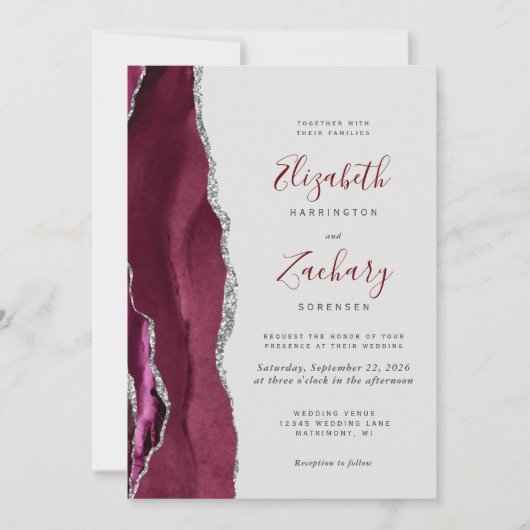 Modern Burgundy Silver Agate Gray QR Code Wedding Einladung (Vorderseite)