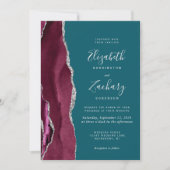 Modern Burgundy Silver Agate Teal Blue Wedding Einladung (Vorderseite)