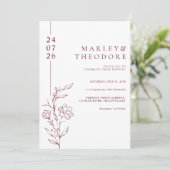 Modern Burgundy Typography Floral Line Art Wedding Einladung (Stehend Vorderseite)