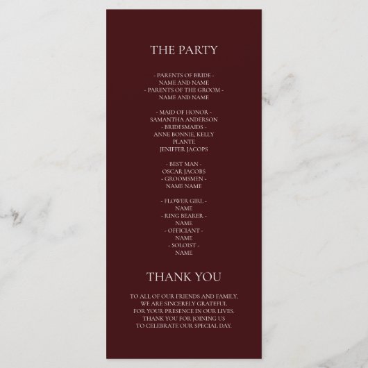 Modern Burgundy Wedding Ceremony Program | Menükarte (Rückseite)