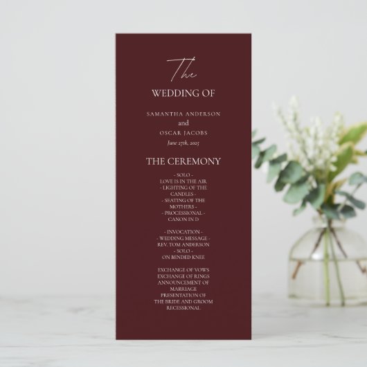 Modern Burgundy Wedding Ceremony Program | Menükarte (Stehend Vorderseite)