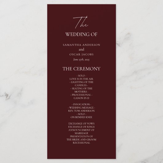 Modern Burgundy Wedding Ceremony Program | Menükarte (Vorderseite)