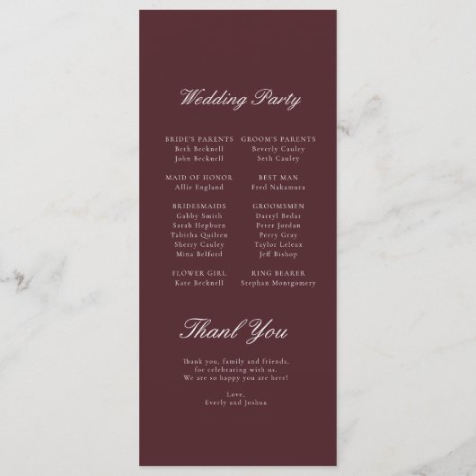 Modern Burgundy Wedding Program Programm (Rückseite)