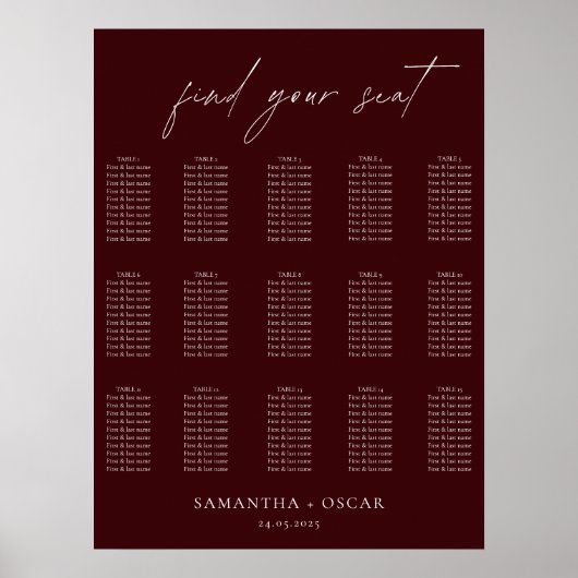 Modern Burgundy Wedding Seating Chart Poster (Vorne)