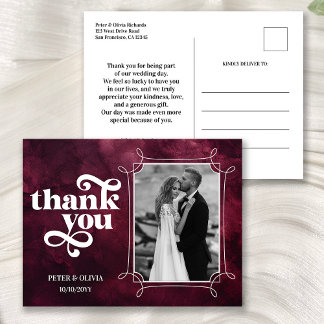 Modern Burgundy Wedding Thank You Photo Postkarte