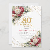 Modern Burgundy White Gold 80th Birthday Invite Einladung (Vorderseite)