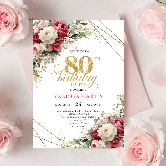 Modern Burgundy White Gold 80th Birthday Invite Einladung