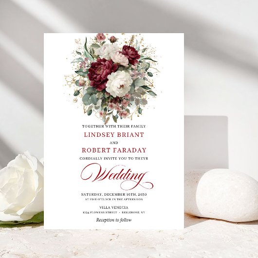 Modern Burgundy White Gold Floral Wedding Invite Einladung