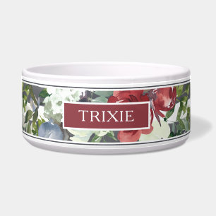 Modern Burgundy White Rose Wasserfarbe Name Napf