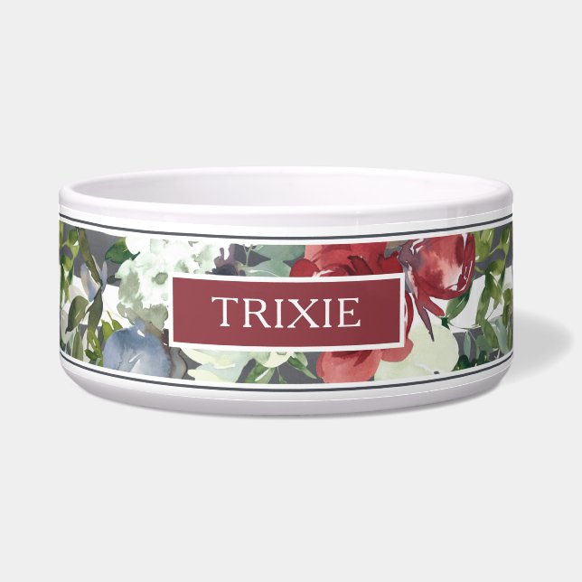 Modern Burgundy White Rose Wasserfarbe Name Napf (Vorderseite)