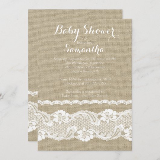 Modern Burlap & Lace Baby Dusche Einladung (Vorne/Hinten)