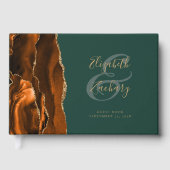 Modern Burnt Orange Agate Gold Script Green Gästebuch (Vorderseite)