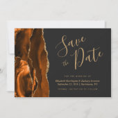 Modern Burnt Orange Gold Agate Dark Save the Date Einladung (Vorderseite)